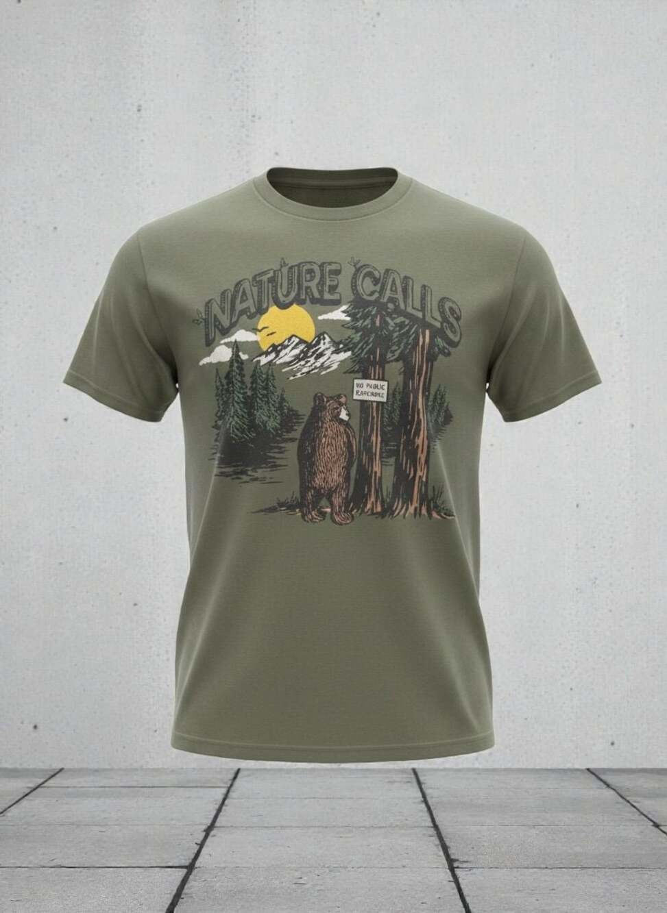 Nature Calls Bear Graphic T-Shirt Olive Green